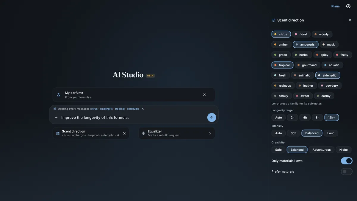 PerfuMate AI Studio with the scent direction panel open: family chips, longevity target, intensity, creativity, and an only-materials-I-own switch.