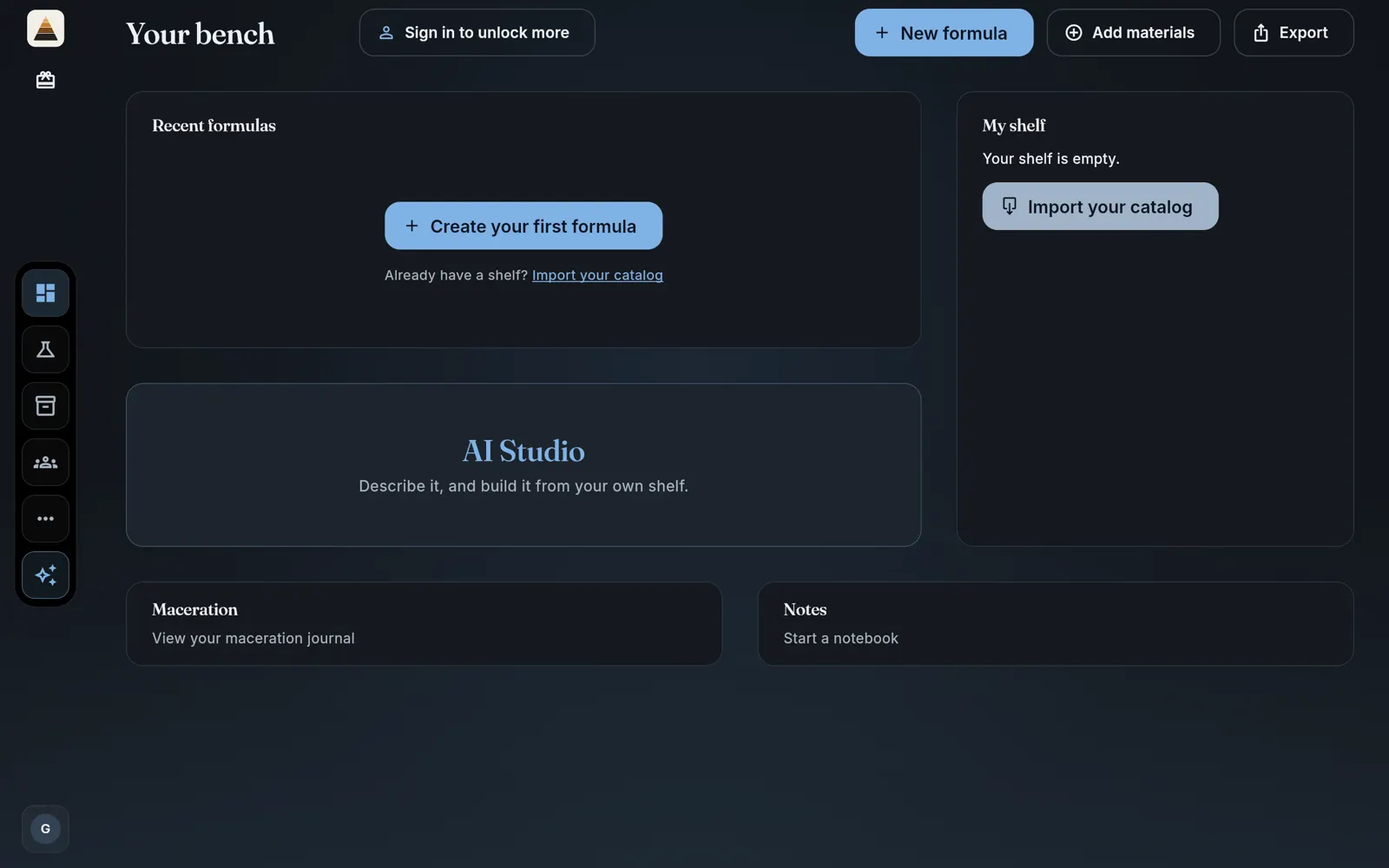 Свіжа гостьова панель керування: порожня полиця, AI Studio, журнал мацерації й картка IFRA, що чекає, що перевіряти.