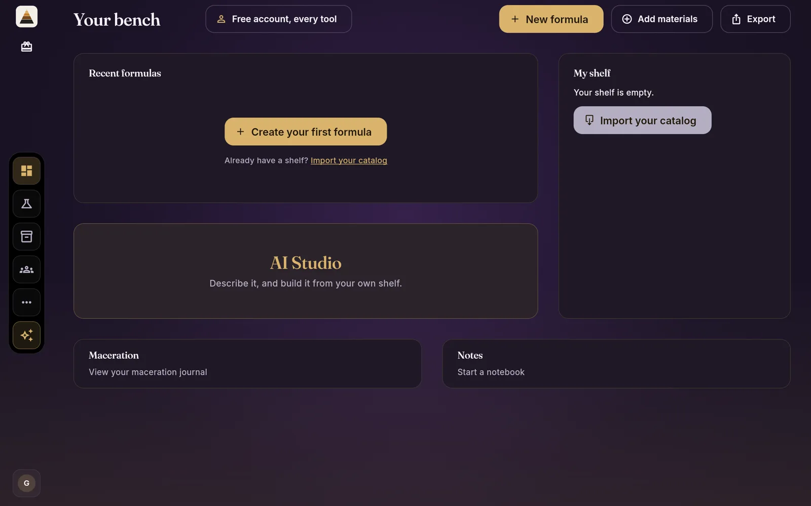 A fresh guest bench: empty shelf, the Create-your-first-formula door, AI Studio and the maceration journal.