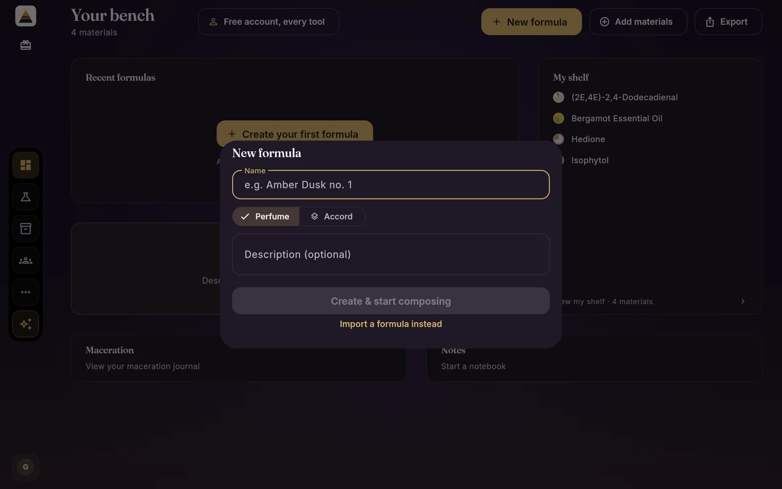 The new formula dialog: a name, the Perfume or Accord choice, and Create & start composing.